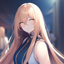 Clear focus,8k,Beatiful Lighting,Beatiful Blur,Beatiful Face,Beatiful Shading,Amber long hair,silky hair, long silky bangs, white eyes, wearing a detailed outfit outfit,must wear a short black skirt, Hair in eyes, lot of hair,One arm is sleeveless,Extreme Close Up