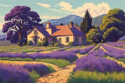 museum quality color woodcut landscape of a fanciful 1920's ramshackle French country farmhouse nestled amidst the lavender fields of Provence, on a blissful summer morning, in the style of Gustave Baumann, with a fine art aesthetic, highly detailed, finely cut ,8k render, soft early summer colors