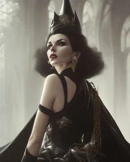 old evil queen in black leather gown, femme fatale, volouptous, busty, cleavage, angry, emperious, 8k resolution concept art portrait by Greg Rutkowski,