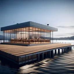 fachada de un restaurante estilo minimalisto en un lago, con terraza y muelle para lo votes. Con iluminación y con senderos a su alrededor para la circulación de la personas