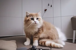 cute fluffy chibi beige cat with a giant thermometer in a modern room in sunshine