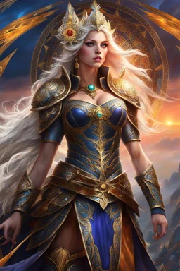 (masterpiece, top quality, best quality, official art, beautiful and aesthetic:1.2), (1girl), extreme detailed,(fractal art:1.3),colorful,highest detailed,zoomout,blonde girl,perfecteyes, background sky full thunder, wear fantasy armor,morgan le fay