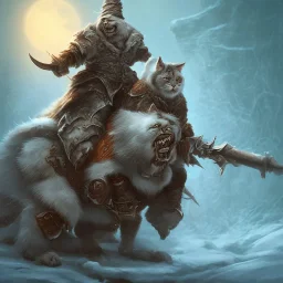 orc riding on a cat in winter landscape