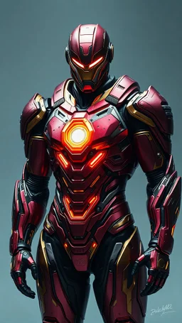 Here is an ekphrastic prompt for the image: A powerful armored figure stands as the epitome of technological elegance and raw strength, encased in a crimson and gold exosuit that exudes an aura of invincibility. The suit is a masterpiece of intricate plating, blending smooth metallic curves with rugged, battle-worn edges. The chest is dominated by a glowing arc reactor, radiating a vibrant, otherworldly energy that highlights the suit's advanced design. The helmet is sleek and angular, its glowi