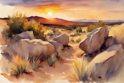 Sunset, rocks, mountains, rocky land, epic, john singer sargent watercolor paintings