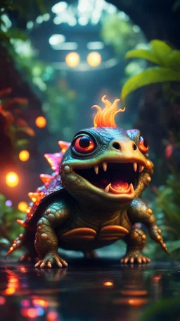 Psychedelic fire breathing space gremlin alien turtle dragon with friendly cute face and hair like a rocker, in dark lit reflective wet jungle metallic hall dome hotel tunnel, in the style of a game,bokeh like f/0.8, tilt-shift lens 8k, high detail, smooth render, down-light, unreal engine, prize winning