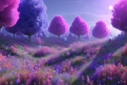 monde en fleurs bleu pink fuksia, concept art, crépuscule , trees bleu pink violet oranger, vibrant Color, réaliste, kwiaty maki rozowe