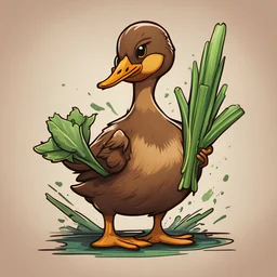 A brown duck with a leek and a V tattoo it uses its leek to smash pots in reckless abandon, in card art style