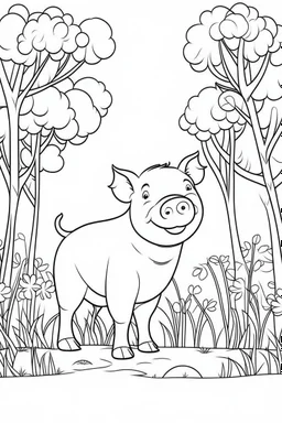 Outline art, no shading, pig standing in the bush, full body, cartoon style, black and white, low detail, --ar 9:11