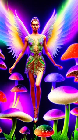 psychedelic angel flying in a magic forest full of coloured mushrooms, fluorescent, ultra detailed, photorealistic