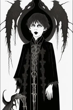 7 year old boy, necromancer, friendly, looks dead,with a long lamprey emerging from his belly , wearing black robes, in the style of Harry Clarke