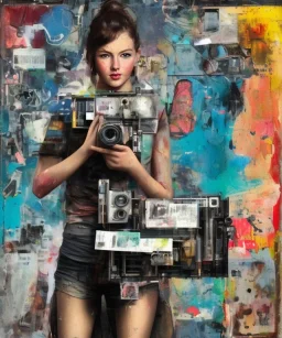 happy beautiful girl holding big proffesional camera in studio. street art, oil on canvas, spray paint, collage, letters, newspapeers, Dave McKean, Vladimir Fedotko, Saturno Butto, Vaughn Bodé, Frank Wu, James C. Christensen, collage, dirty, paint dripping, radiant