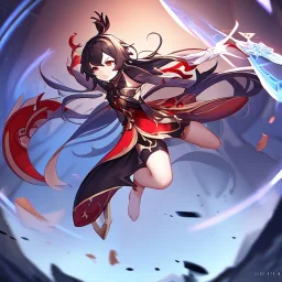 Clear focus,High resolution, black long hair, Vibrant red eyes, Genshin impact inspired outfit, wearing a short skirt, kicking pose, full body, jumping
