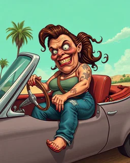 Consuela fat disgusting Mexican woman in a tank-top and jeans, illustrated in a RAT Fink Ed Roth's monsters Style driving a convertible car, big head with small body, chollo
