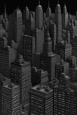 Very tiny Fine lines draw of a dream city , nyc building , black and only one building painted dark gray 3D