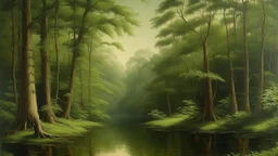 This image depicts a serene forest scene. The painting features a calm pond in the center, the serene surface of which reflects the surrounding trees. The pond is surrounded by lush vegetation and a mix of dark and light tones, indicating a variety of tree species. The trees on the left side of the pond are tall and slender, with their trunks extending upward, while the tree on the right is more sprawling, with branches extending outward and downward, creating a natural frame for the scene. The