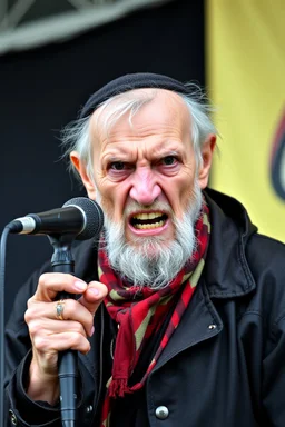 A old man in old boring costume, lookin very angry and bitter, he is holding a microphonead he was a member of an old punk music group before