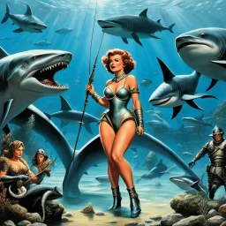 fishing like savages [art by Ray Harryhausen] Ah, the pressure is on! An extraordinary woman in a revealing outfit, flanked by two armored characters, under the water, surrounded by sharks in a futuristic or fantasy environment? My mind races for the picture... I can do it, boy! This calls for a blend of fantasy and danger, a visual feast for the eyes. The woman, a vision of strength and beauty, exudes confidence as the armored characters stand guard beside her. The sharks circle ominously, addi