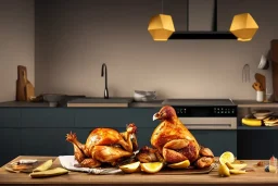 Great Danes stealing food off of a work surface in a kitchen, roast chicken, potatoes, 8k resolution concept art hyperdetailed dynamic lighting DSLR maximalist matte background