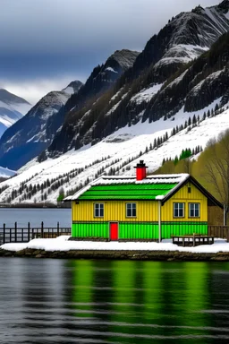 donkergeel noors houten huisje bij fjord met blauwgroen water en berg met sneeuw in de verte op de achtergrond. Het huisje is klein en je ziet veel omgeving