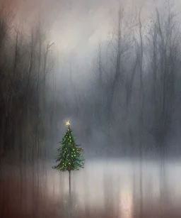 Painting of a festive Christmas tree in a misty swamp