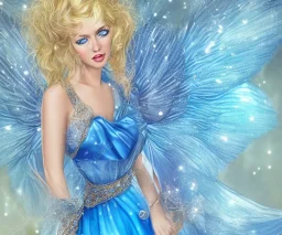 portrait of a beautiful blond woman fairy with long hair blue eyes and sparkling dress with diamonds