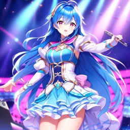 girl, masterpiece, best quality, volumetric lighting, detailed outfit, perfect eyes, long hair, blue hair, pink eyes, magical girl, music stage, microphone,