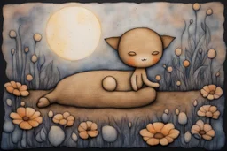 painted and burned burlap, moonlight, cute chibi sleeping animal on a flower bed, styles of Paul Klee Dee Nickerson and Tim Burton, melting watercolor and black ink outlines on wet paper, soft, shading strokes, in candlelight, ethereal, otherwordly, cinematic postprocessing, bokeh, dof