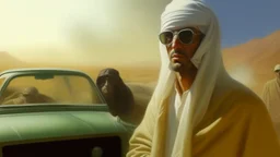 takistan life, scene oil painting. dr arab cover 1970, closeup dnd style. sunglasses. desert mist. smoking weed, a lot of smoke. lawrence of arabia. car race.