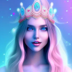 beautiful, soft, big smile face, whole head, long straight blonde hair blues eyes, crown on the head, clothing in transparent bluish and pink veil, background brillante bluish and pink, hight definition, 8K