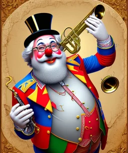 happy old friendly fat clown with round head and trimmed beard playing jazz with a steampunk theme, trumpet, circus, realistic