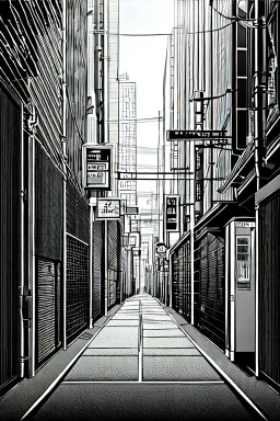 Tokyo alley, line arts, greyscale