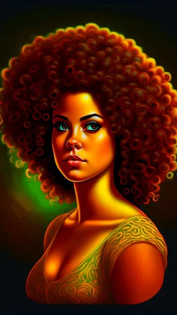 grant wood painting style , a portrait of a beautiful woman with large curly hair , front view with dark brown side lighting background, ultra high quality with ceramic lighting