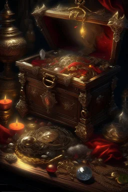 Classism painting style treasure pirates box of jewelry ,intricate insanely , ,candles with flames in the middle ,detailed octane render trending on artstation, 8k artistic photography, photorealistic concept art, soft natural volumetric cinematic perfect light, chiaroscuro, award-winning photograph, masterpiece, oil on canvas, Raphael, Caravaggio, Greg Rutkowski, people, beksinski, Giger