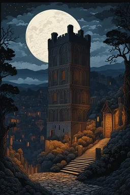 museum quality color woodcut landscape of a dark and foreboding medieval Italian tower house inhabited by vampires, with highly detailed stonework in 10th century Florence on a dark moonlit and foggy night, in the style of Gustave Baumann, with a fine art aesthetic, highly detailed, finely cut ,8k render,