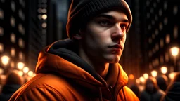 a young man see the respect, face,high detail, smooth render, city scenery, many peple, down-light, orange dark winter, ar 16:9