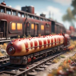 old train that looks like a hot dog full of ketchup, in the style of a fallout 4,bokeh like f/0.8, tilt-shift lens 8k, high detail, smooth render, down-light, unreal engine, prize winning