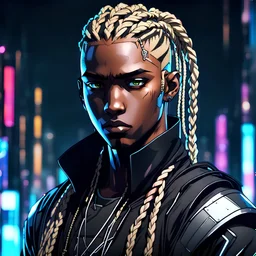 Young black male cyberpunk assassin with blonde braids, moody dark intense, anime style