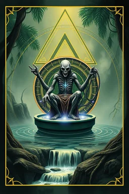 sacred geometry framed action figure card of a crucified alien necrophyte electric eel necromancer on round swamp transparent glass obcidian boat beholder eye wheel throne in a charged foggy jungle waterfall, with withered filmgrain in the style of Munch