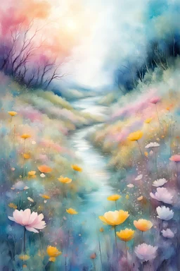 Beautiful pastel river flower meadow illustration, Mixed media, multi-layer art styles, restyled re-imagined by Kit Williams, Minjae Lee, Ana Paula Hoppe, Stylised watercolour art, Intricate, Complex contrast, HDR, Sharp, soft Cinematic Volumetric lighting, chaotic standout colours, wide long shot, perfect masterpiece