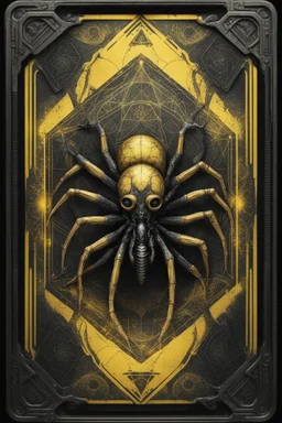 sacred geometry framed playing card, black and yellow death spider dragon dark elf Mind flayer boss card in the style of Giger and fallout 4 ,,bokeh like f/0.8, tilt-shift lens 8k, high detail, smooth render, down-light, unreal engine