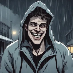 a closeup of a psychopathic young man with white eyes in a heavy coat and hood during a rainstorm laughing cartoon