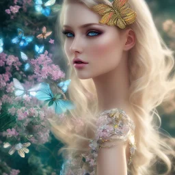 bright fairy, beautiful portrait, blond hair,blue eyes, flowery luminous pastel colors, butterfly