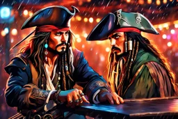 Jack Sparrow in 8k realistic anime drawing style, close picture, rain, neon lights, intricate details, highly detailed, high details, detailed portrait, masterpiece,ultra detailed, ultra quality