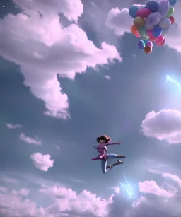 Ultra realistic speed clouds sky scene, wide angle view, sweet men falling down, many Childs, feather color clothing, free jumping flying, many trinkets, hair monster, many jelly beans, balls, color smoke, smile, happy, circus style, extreme, wind, clouds sea, 20,000 feet altitude, stratosphere, soft color, highly detailed, unreal engine 5, ray tracing, RTX, lumen lighting, ultra detail, volumetric lighting, 3d, finely drawn, high definition, high resolution.