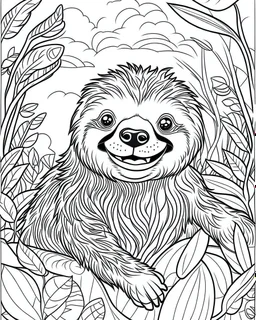 create a 2d black outline, "safari smiling cartoon sloth coloring book for kids", coloring page, low details design, black contour, coloring page design, simple background, colorful , card style, coloring page for kids, white background, sketch style, safari landscape, cartoon style