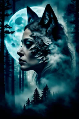 double exposure stunning woman-wolf hybrid portait, forest, moon, smoke, ultra-high detailed, deep dark colors, dark fantasy, intricate detail, cinematic, masterpiece, sharp focus, dark ethereal fantasy, hyperdetailed, atmospheric , dark surreal fantasy