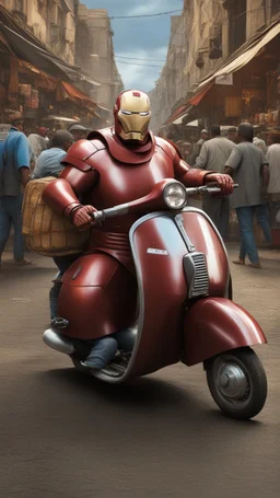 Mega Fatman wearing ironman suit , riding an old vespa in traditional busy market, with like thumb, realistic ,Pixar mode, full body, perfect composition, well centered portrait. with like thumb