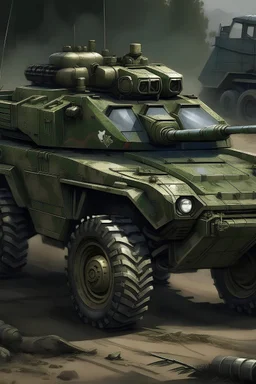 A pintura é centrada no BTR-80A, um veículo militar de aparência imponente. Seu corpo é sólido, com uma estrutura de aço blindado detalhada e texturizada. A cor verde oliva é destacada, denotando sua camuflagem militar. Suas rodas de borracha são robustas, projetadas para enfrentar terrenos difíceis, e as esteiras metálicas adicionam um toque de realismo. No topo do veículo, a torre da metralhadora é uma característica proeminente, com detalhes nítidos no cano e no escudo protetor.