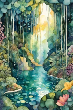 random watercolor Zentangle patterns in the styles of Gustav Klimt ,Wassily Kandinsky, Alphonse Mucha, and Kay Nielsen that depicts a lush cenote grotto in the Yucatan , pierced by the morning sun, with fine ink outlining